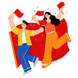 国庆节扁平人物红旗庆祝手绘素材