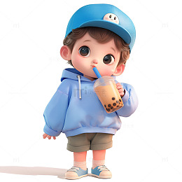 拿着珍珠奶茶喝的小孩子