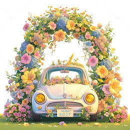 通过花朵拱门的汽车