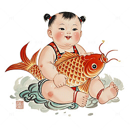 抱着锦锂的年画娃娃春节插画元素