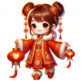 春节可爱小女孩手拿着灯笼卡通素材