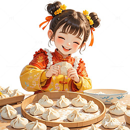 卡通插画风格包饺子的可爱女孩