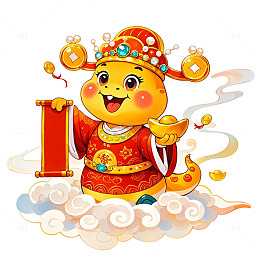 手拿元宝和卷轴的可爱小蛇素材