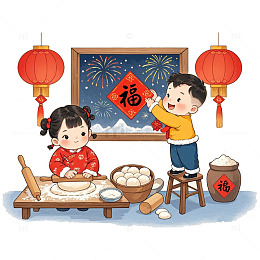 春节习俗之巾窗花包饺子卡通插画素材