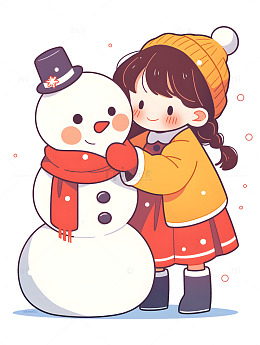 卡通女孩子雪人堆雪人冬天