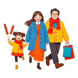 春节回家逛庙会购物卡通人物插画
