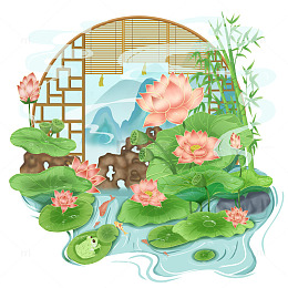 古风荷花插画场景元素