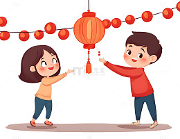 卡通儿童在红色灯笼下庆祝春节