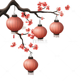 挂在花枝上的红色灯笼春节节日装饰