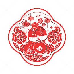 春节蛇年剪纸窗花设计手绘素材