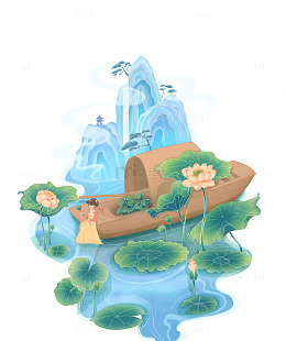 古风荷花山水插画场景元素