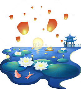 荷花明灯祈愿古风插画场景元素