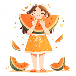卡通简约吃西瓜的小女孩