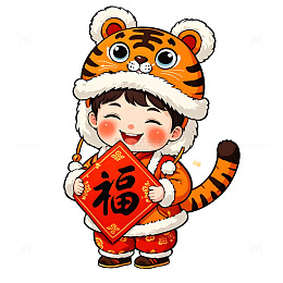 春节卡通戴虎头帽的男孩