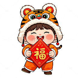 春节戴虎头帽的可爱女孩