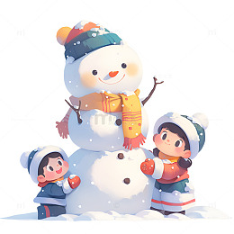 两个堆雪人的小孩