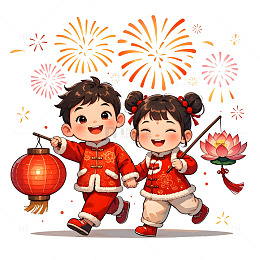 春节元宵节手拿灯笼玩耍的卡通小孩素材
