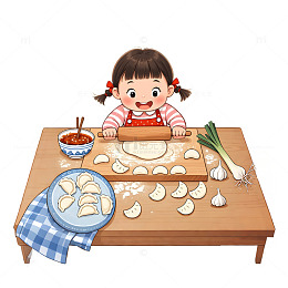 擀饺子皮的卡通女孩素材
