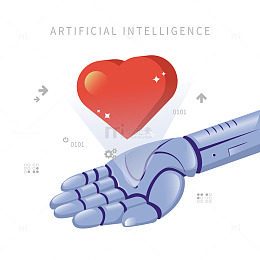 银色AI之手触碰心形情感纽带