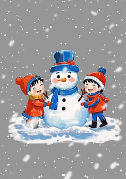 手绘卡通可爱堆雪人玩雪男孩女孩人物素材
