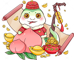蛇年生肖可爱形象寿桃元宝聚宝盆