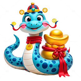 蓝色小蛇与黄金元宝插画蛇年富贵