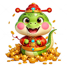 绿色蛇戴节日帽坐财宝上蛇年福运