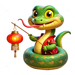 绿色蛇拿灯笼贺新年蛇年庆祝