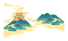 卡通山峰山脉丘陵祥云宫殿楼阁