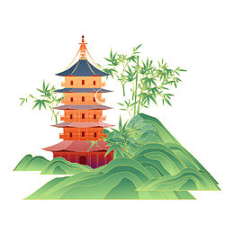 卡通山石石头竹子竹叶植物宝塔高塔建筑物