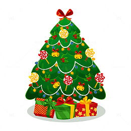 圣诞节圣诞树蝴蝶结铃铛棒棒糖浆果礼品盒