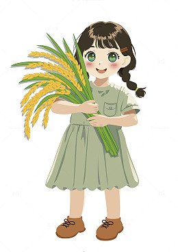 秋收水稻双马尾可爱小女孩