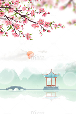 江南湖光山色春天美景国风手绘