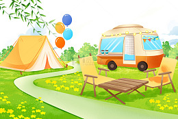 户外露营春季郊游野餐手绘插画元素