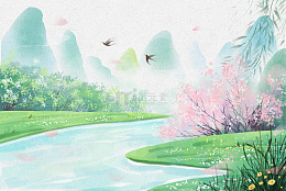 淡雅水彩春天河流草地清新插画元素