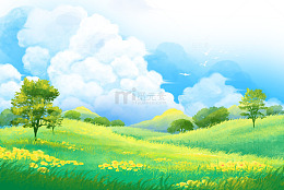 蓝天白云唯美治愈春天插画元素