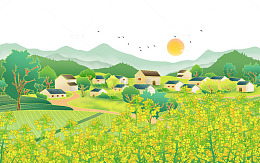 春季田野村庄绿色清新插画元素