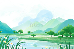 绿色清新春天草地河流插画元素