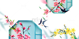 春季窗框桃花花枝装饰元素