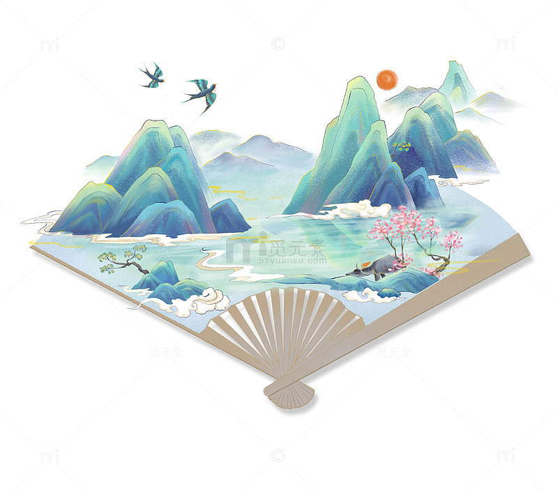 国风手绘扇子山水创意国潮元素