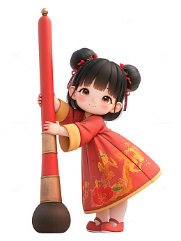 新年小孩拿着毛笔书写