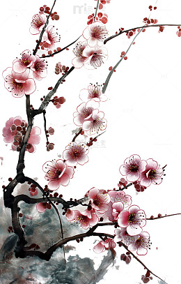 立春水墨画桃花花朵桃树花枝树枝