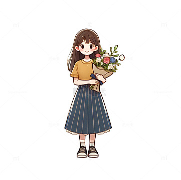 女孩正面手里捧着一束花