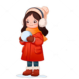 卡通手绘女孩穿着冬装玩雪球免抠元素