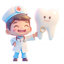 卡通医生拿着一颗牙齿