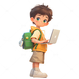 卡通拿着电脑学习的小孩