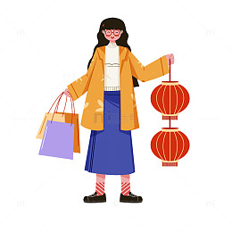 简约扁平手拿灯笼人物