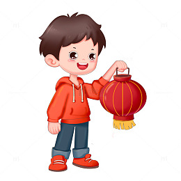 卡通手绘可爱男孩拿着灯笼免抠元素