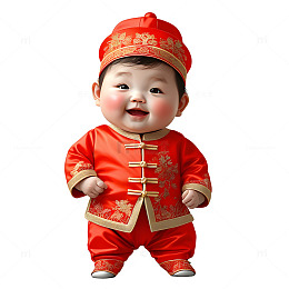 婴儿穿红色新年服饰微笑庆祝春节