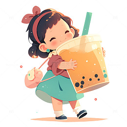卡通抱着奶茶的小女孩